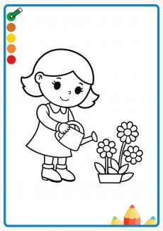 Little Girl Watering Flowers coloring book