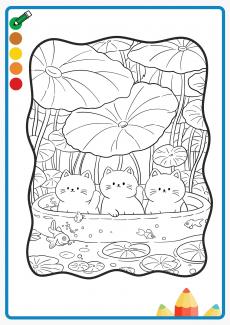 Three kittens under the lotus leaf coloring book