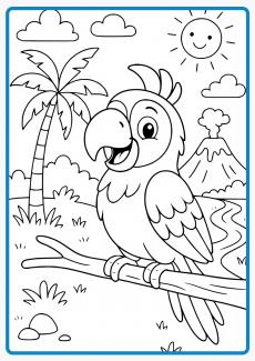 A cartoon parrot is standing on a tree trunk in the jungle coloring book