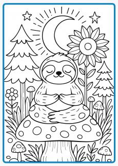 A sloth meditating while sitting on a mushroom coloring book