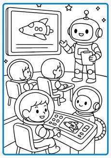 Children attending class wearing spacesuits coloring book