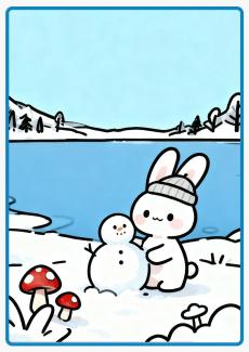 A little rabbit making a snowman in winter coloring book