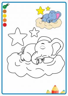 The elephant sleeping on the clouds coloring book